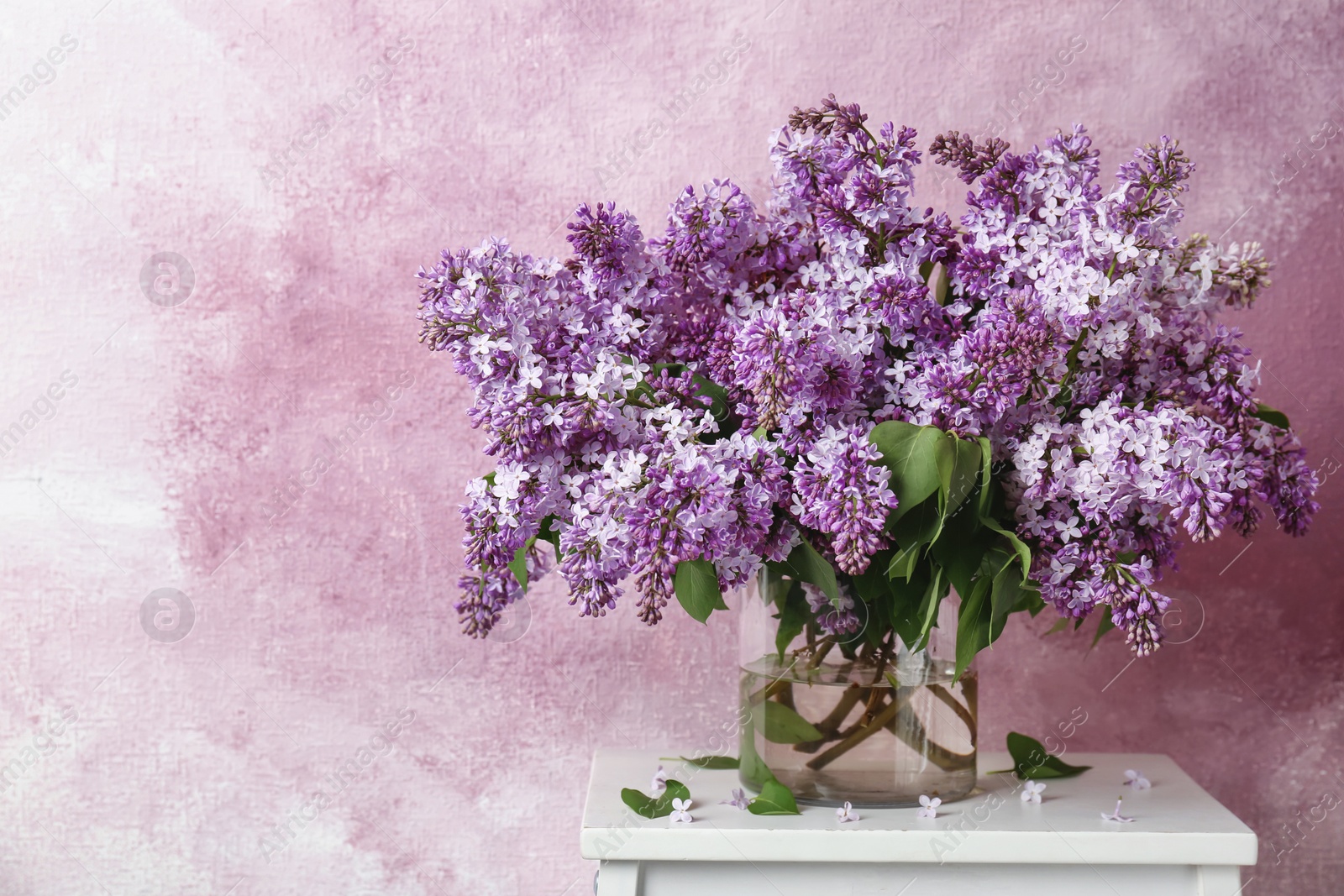 Photo of Vase with blossoming lilac on table against color background. Spring flowers