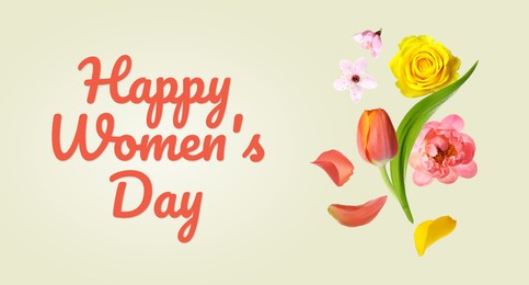 Image of Happy Women's Day greeting card design with beautiful flowers on beige background