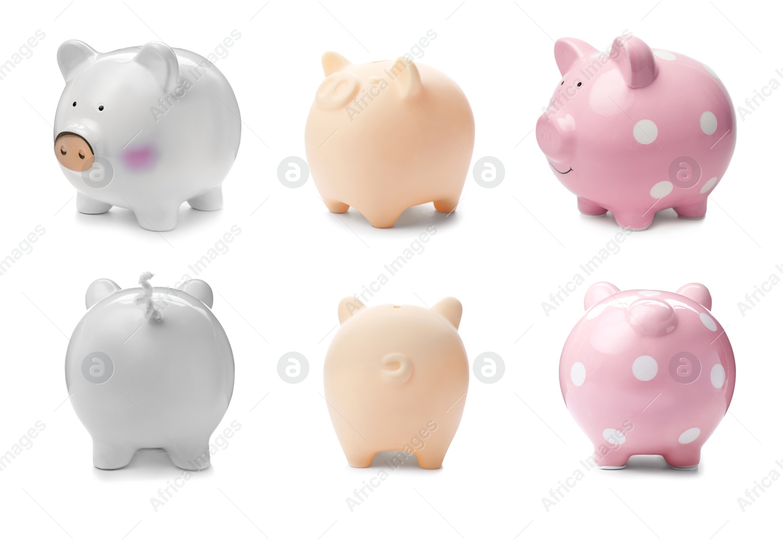 Image of Set with different piggy banks on white background. Money saving