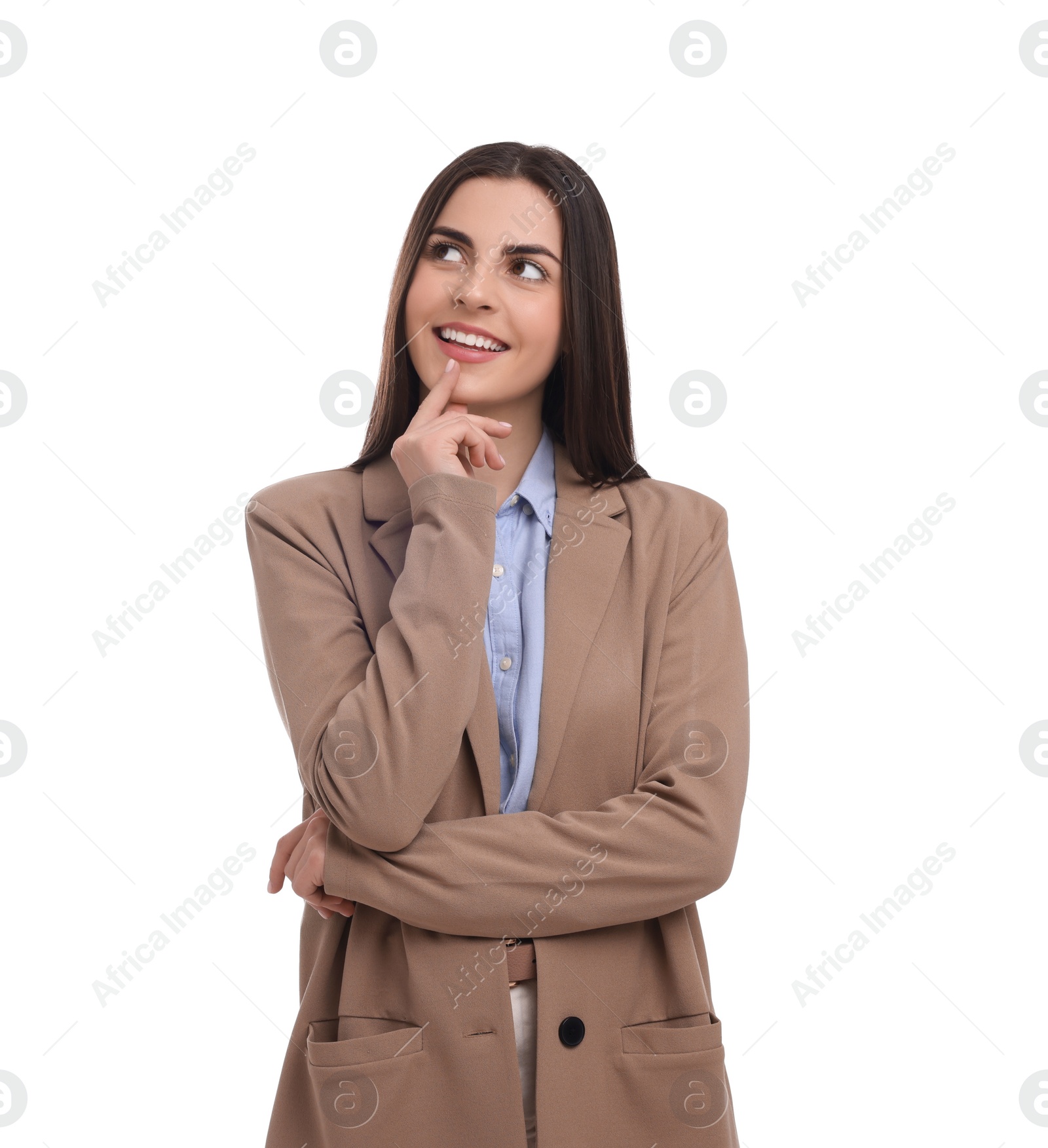 Photo of Beautiful young businesswoman in suit on white background