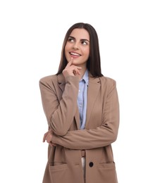 Photo of Beautiful young businesswoman in suit on white background