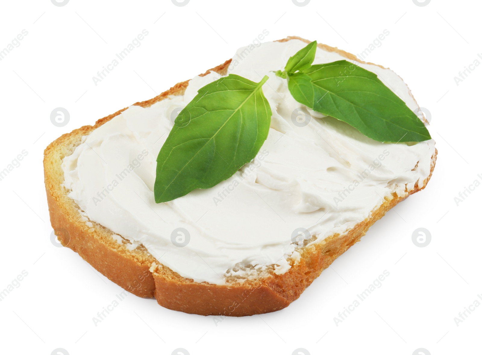 Photo of Bread with cream cheese and basil leaves isolated on white