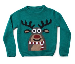 Teal Christmas sweater with reindeer isolated on white, top view