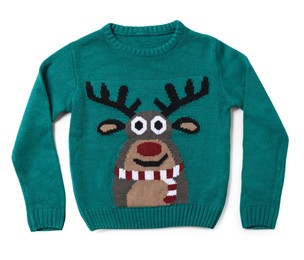 Photo of Teal Christmas sweater with reindeer isolated on white, top view