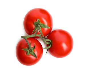 Photo of Branch of red ripe tomatoes isolated on white, top view