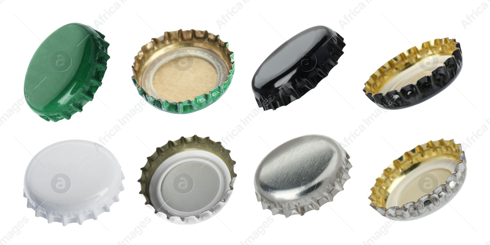 Image of Different beer bottle caps isolated on white, set