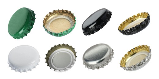 Image of Different beer bottle caps isolated on white, set