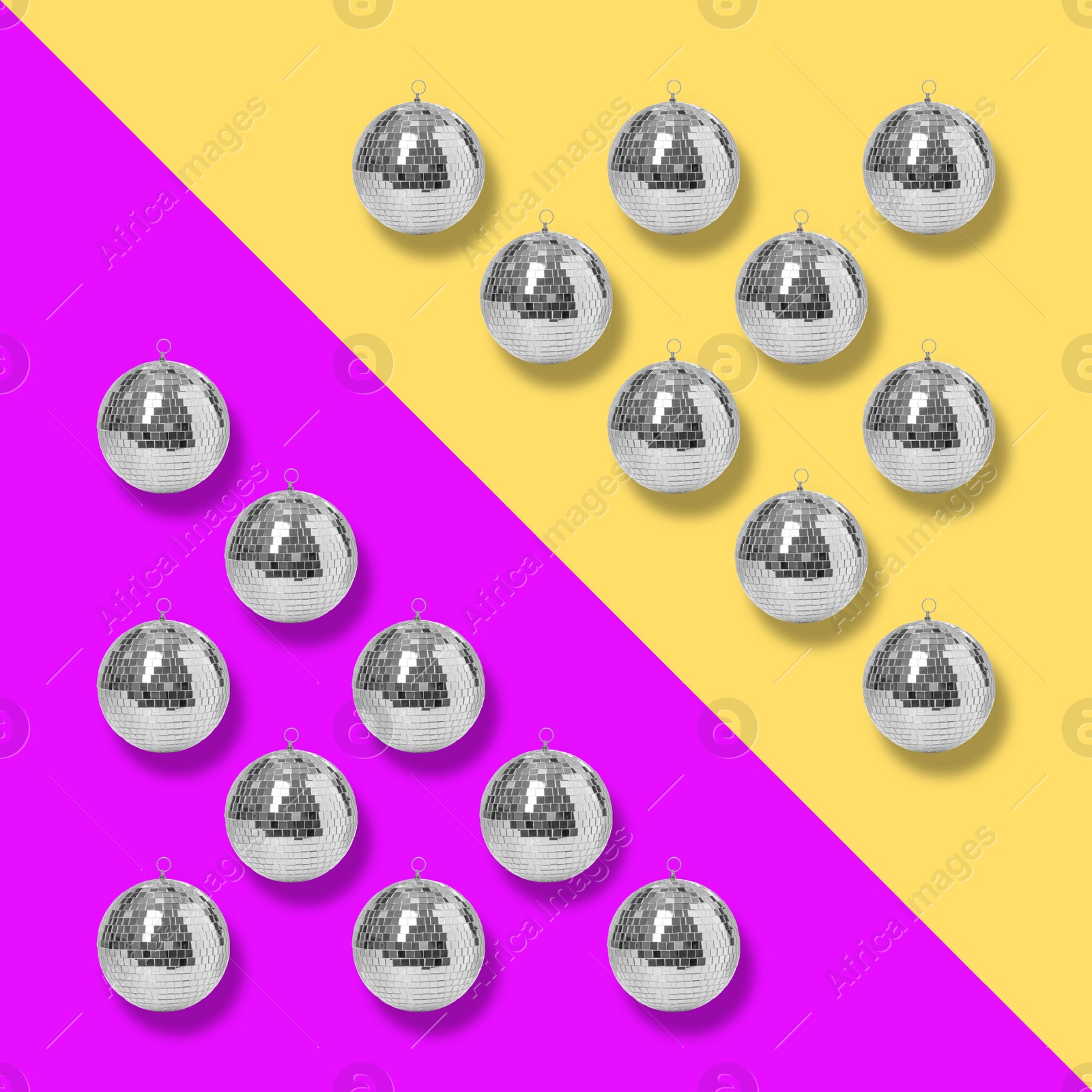 Image of Many shiny disco balls on color background, flat lay