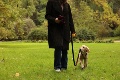 Photo of Woman with adorable Labrador Retriever puppy walking outdoors, closeup