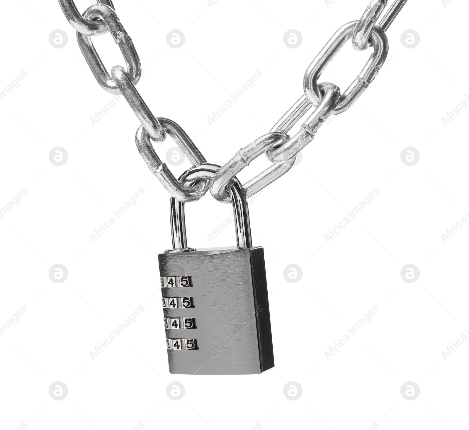 Photo of Steel combination padlock and chain isolated on white