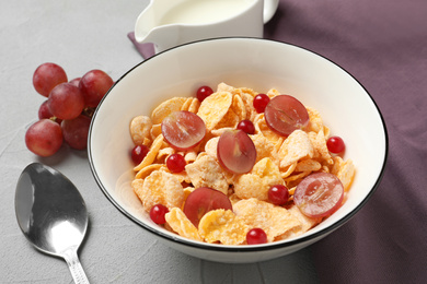 Photo of Tasty healthy breakfast served on light table