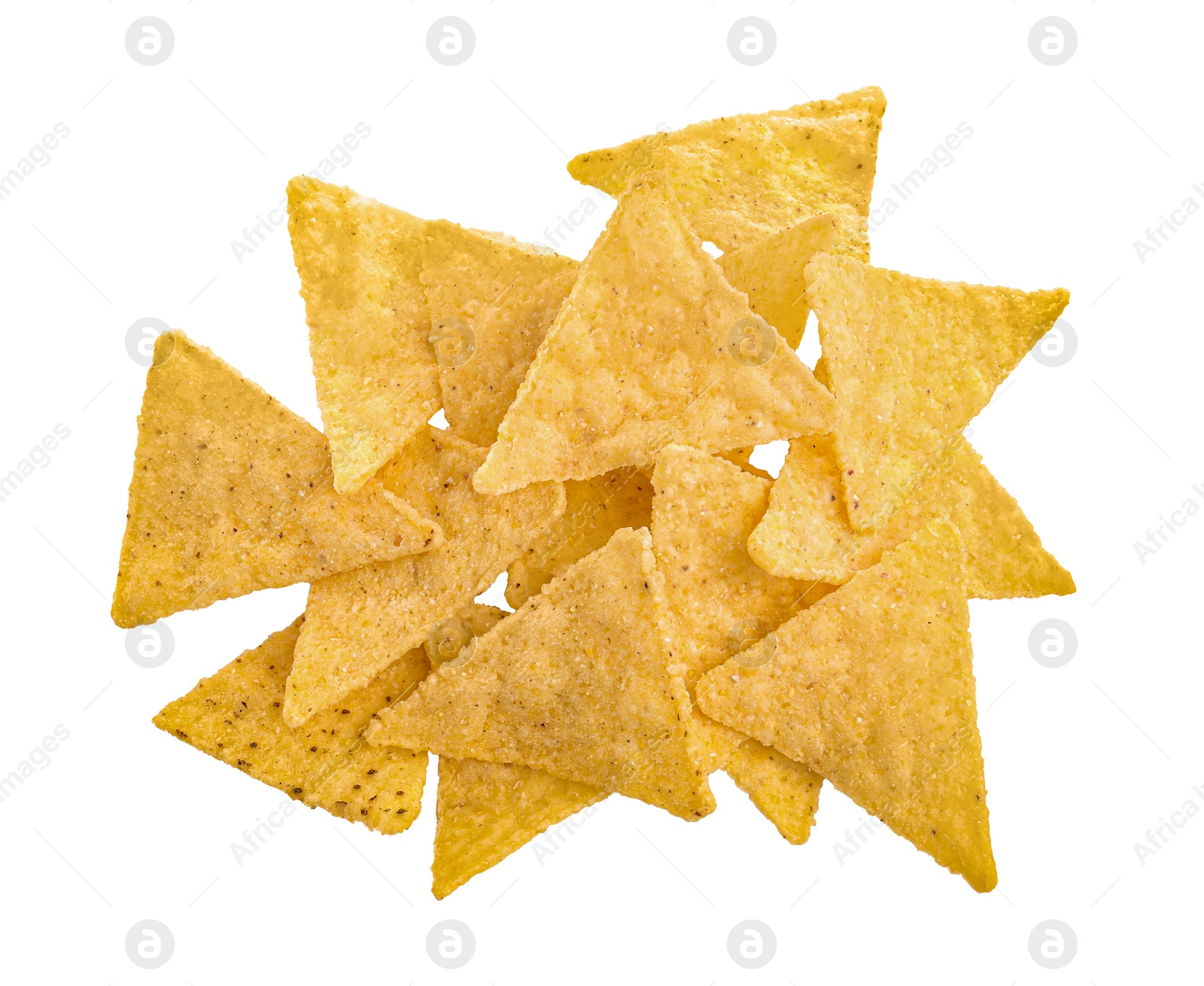 Photo of Tasty tortilla chips (nachos) on white background, top view