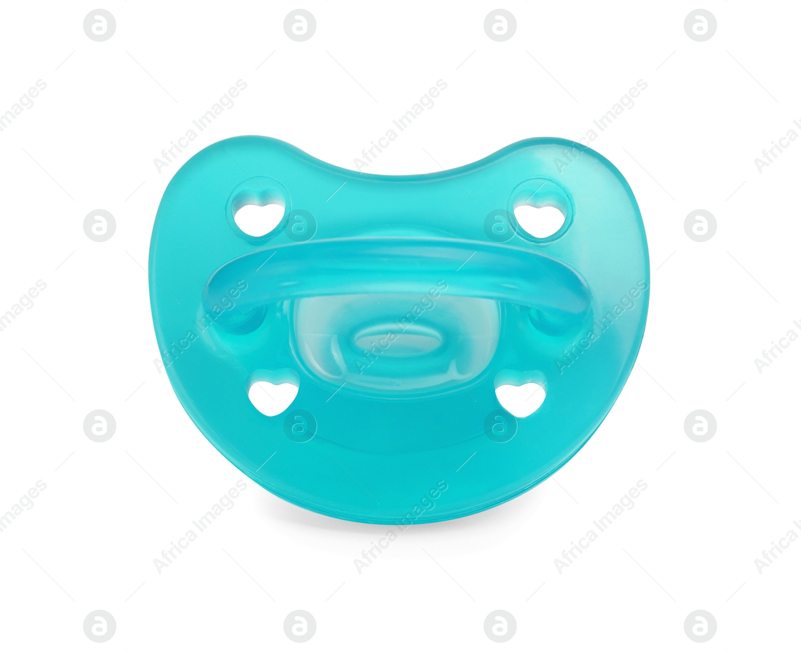 Photo of One turquoise baby pacifier isolated on white