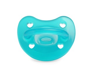 Photo of One turquoise baby pacifier isolated on white