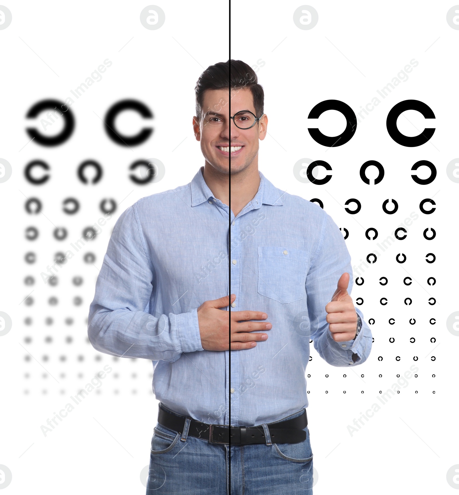 Image of Collage with photos of man with and without glasses and eye charts on white background. Visual acuity testing