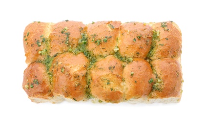 Photo of Buns of bread with garlic and herbs isolated on white, top view