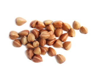 Uncooked buckwheat on white background, top view