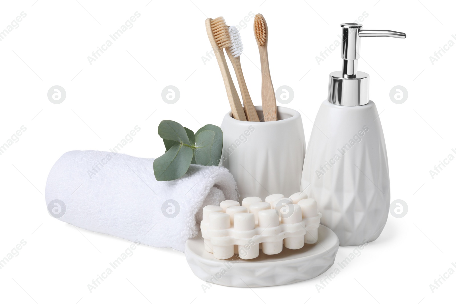 Photo of Bath accessories. Set of different personal care products and eucalyptus leaves isolated on white