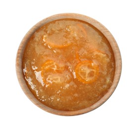 Delicious kumquat jam in bowl on white background, top view