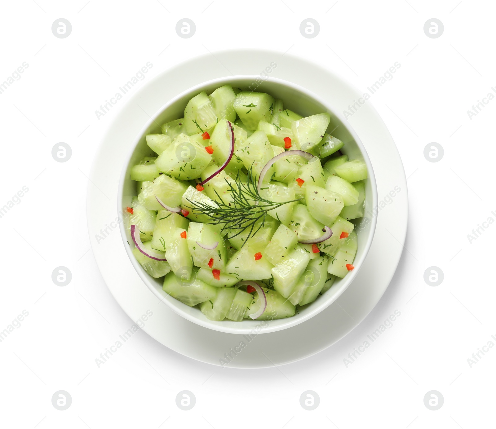 Photo of Delicious cucumber salad with onion and dill in bowl on white background, top view