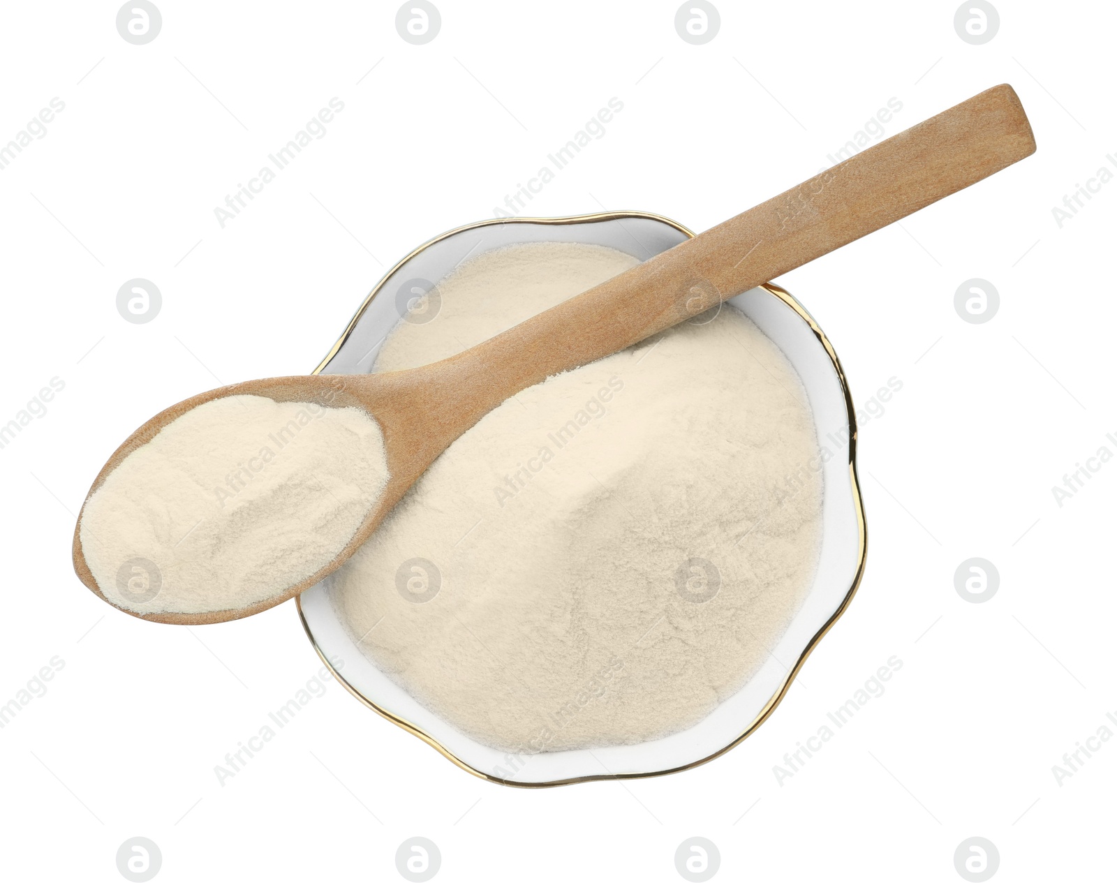 Photo of Bowl and spoon of agar-agar powder isolated on white, top view