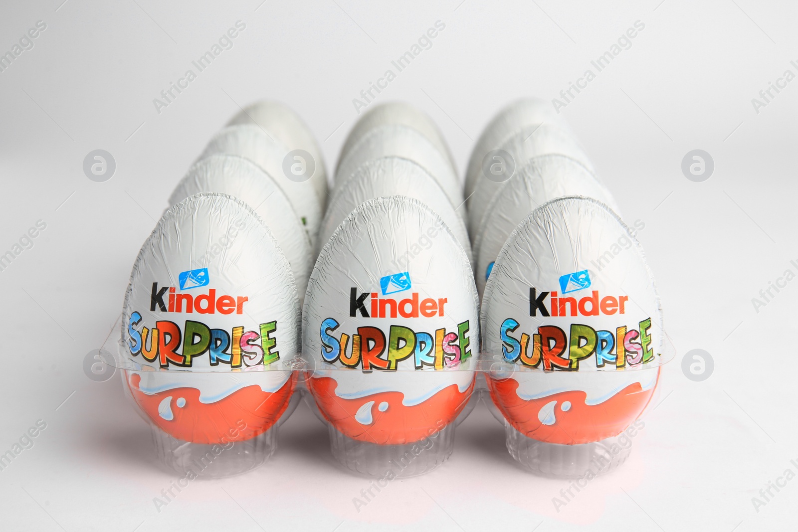 Photo of Sveti Vlas, Bulgaria - June 26, 2023: Kinder Surprise Eggs in plastic tray on white background