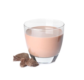 Glass with tasty chocolate milk on white background. Dairy drink