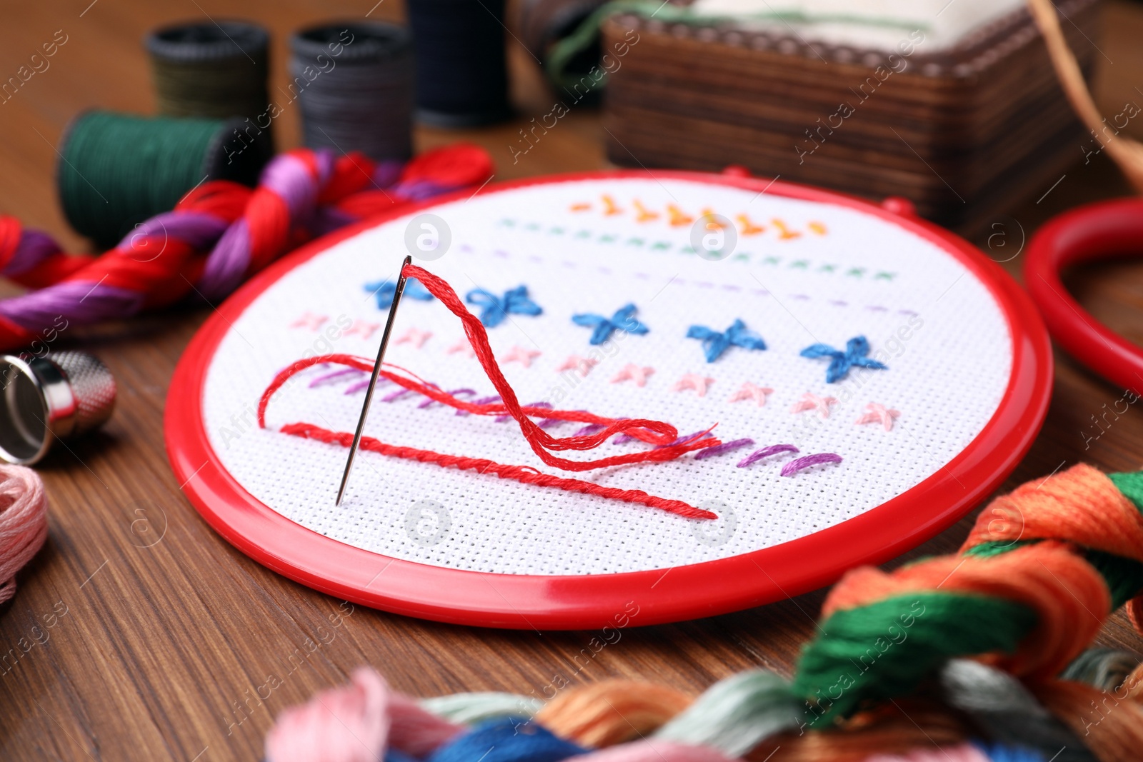 Photo of Set of embroidery equipment on wooden table