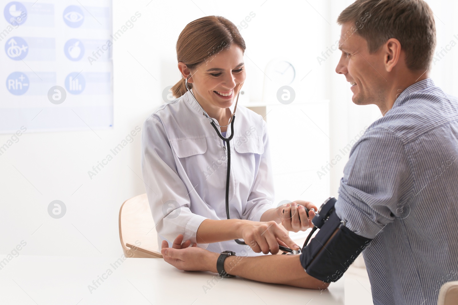 Photo of Doctor checking patient's blood pressure in hospital. Cardiology concept