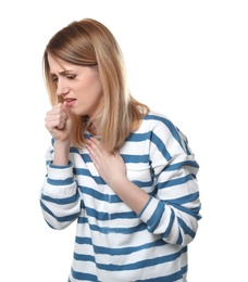 Photo of Young woman coughing on white background