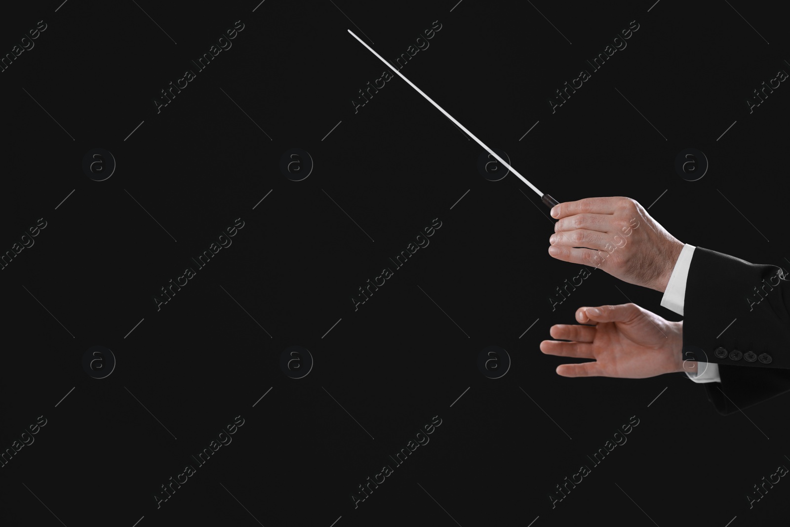 Photo of Professional conductor with baton on black background, closeup. Space for text