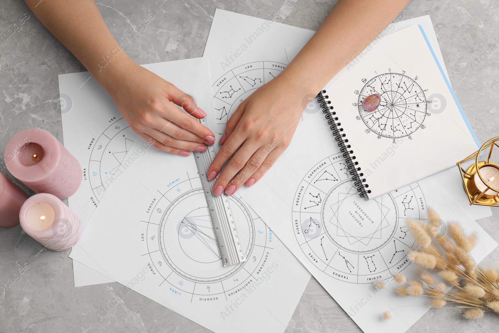 Photo of Astrologer calculating natal chart for making forecast of fate at table, top view. Fortune telling