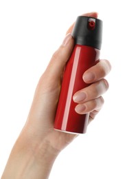 Photo of Woman with bottle of gas pepper spray on white background