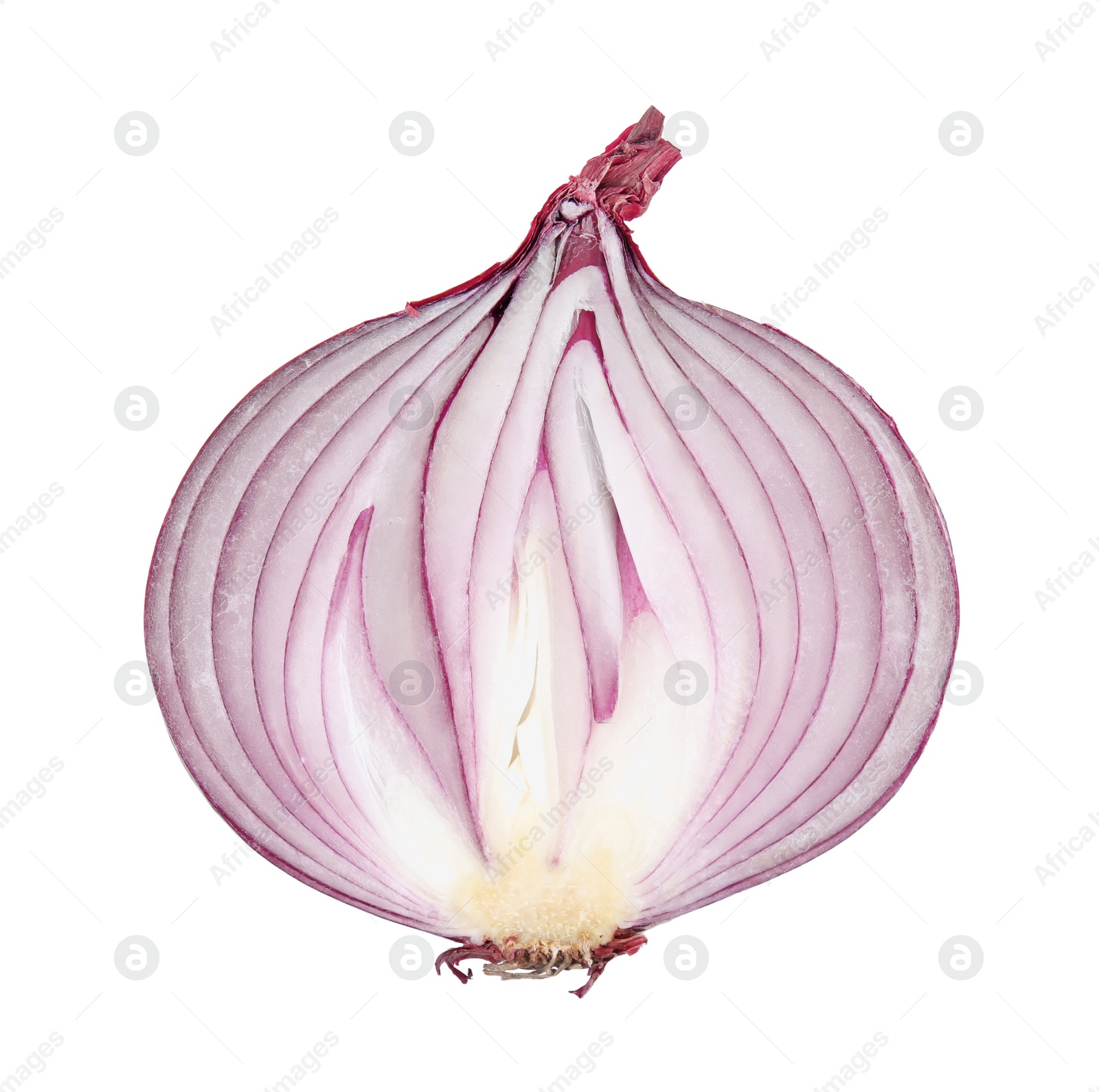 Photo of Half of red ripe onion isolated on white, top view