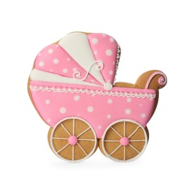 Photo of Tasty cookie in shape of stroller isolated on white. Baby shower party