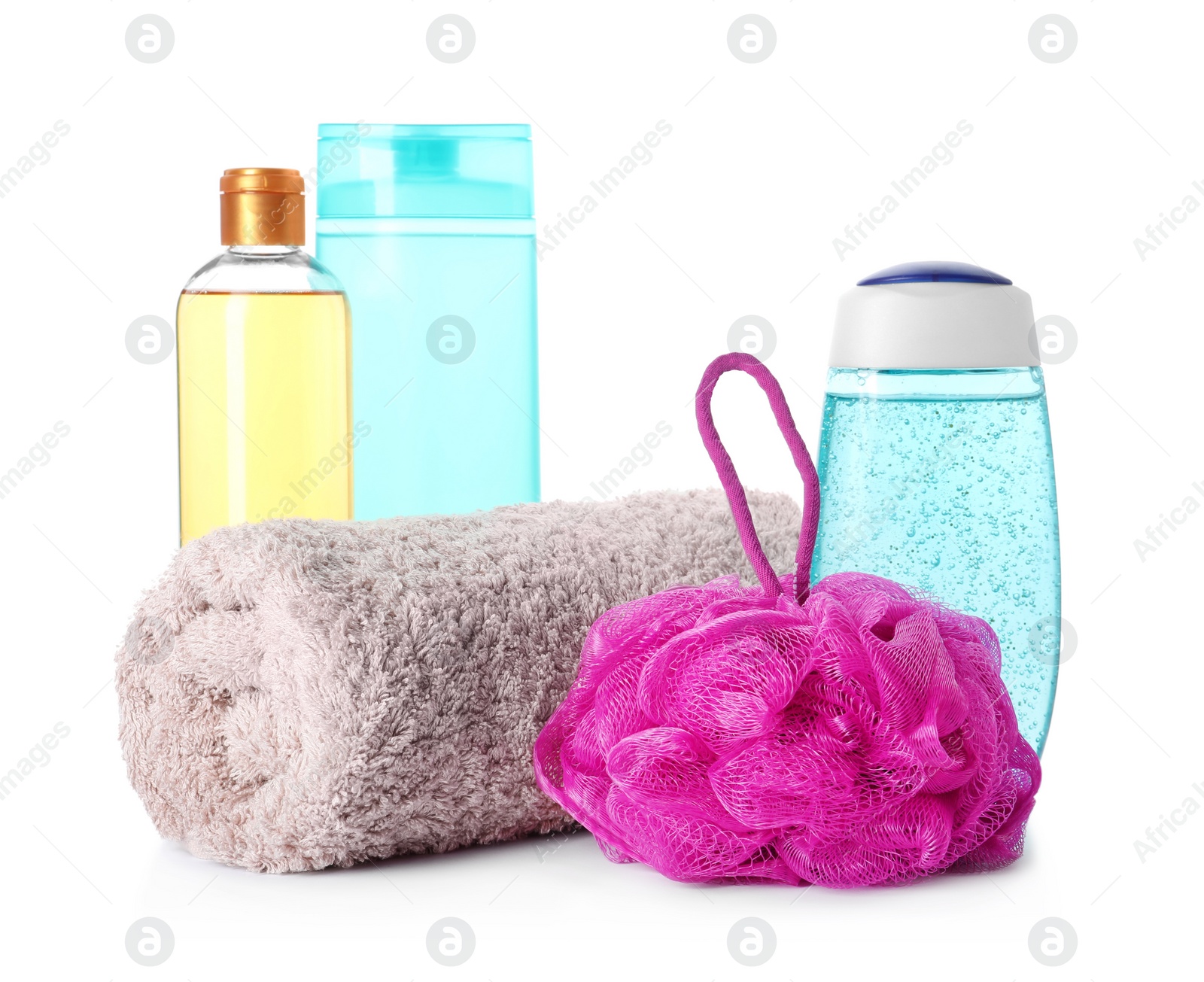 Photo of Personal hygiene products with towel and shower puff on white background