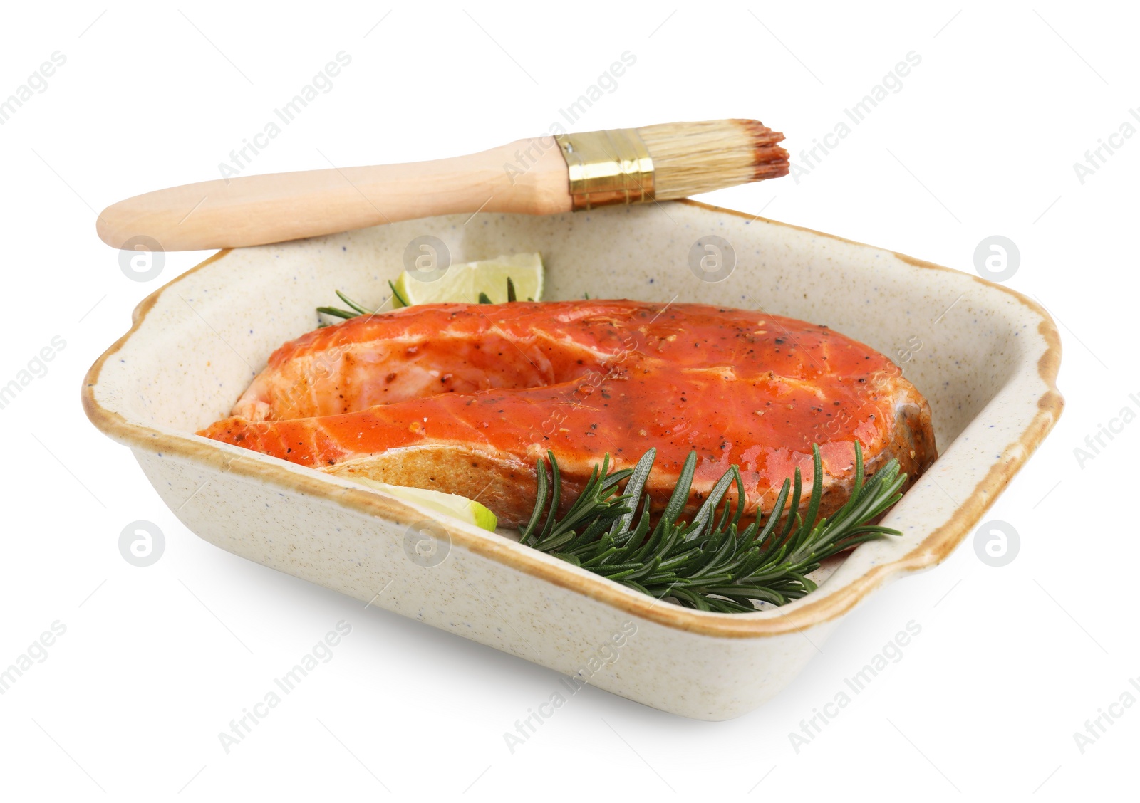 Photo of Fresh marinade, fish, lime, rosemary and brush isolated on white