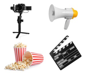 Set with different cinema equipment and popcorn on white background