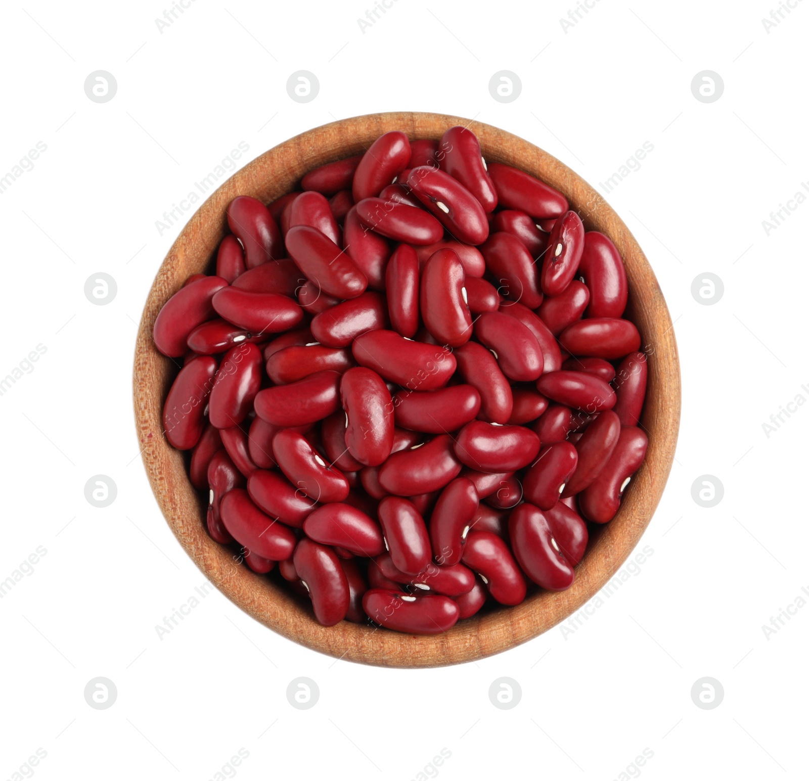 Photo of Wooden bowl of raw red kidney beans isolated on white, top view