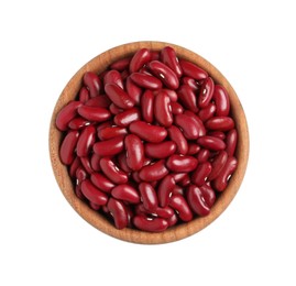 Wooden bowl of raw red kidney beans isolated on white, top view