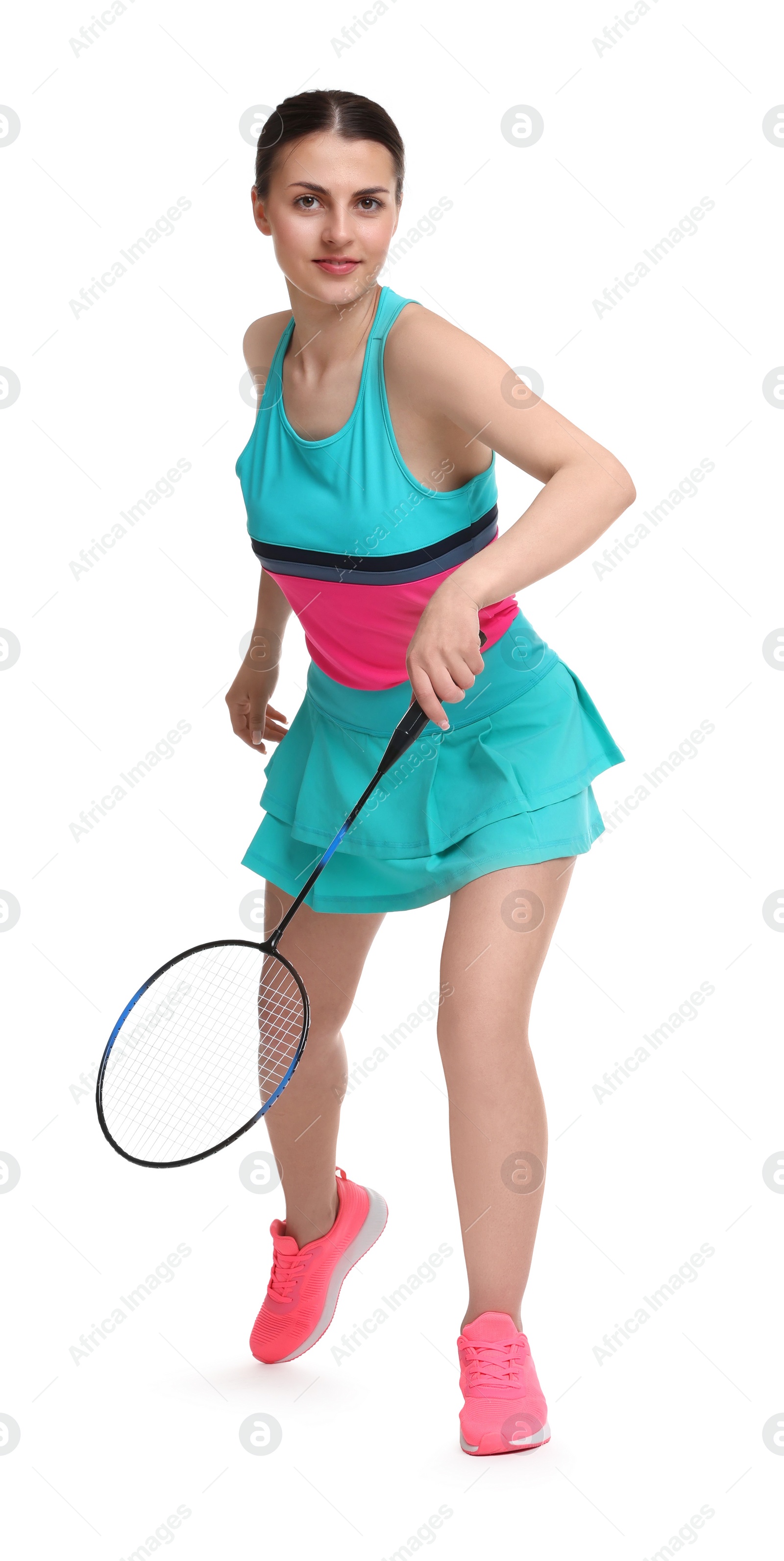 Photo of Young woman playing badminton with racket on white background