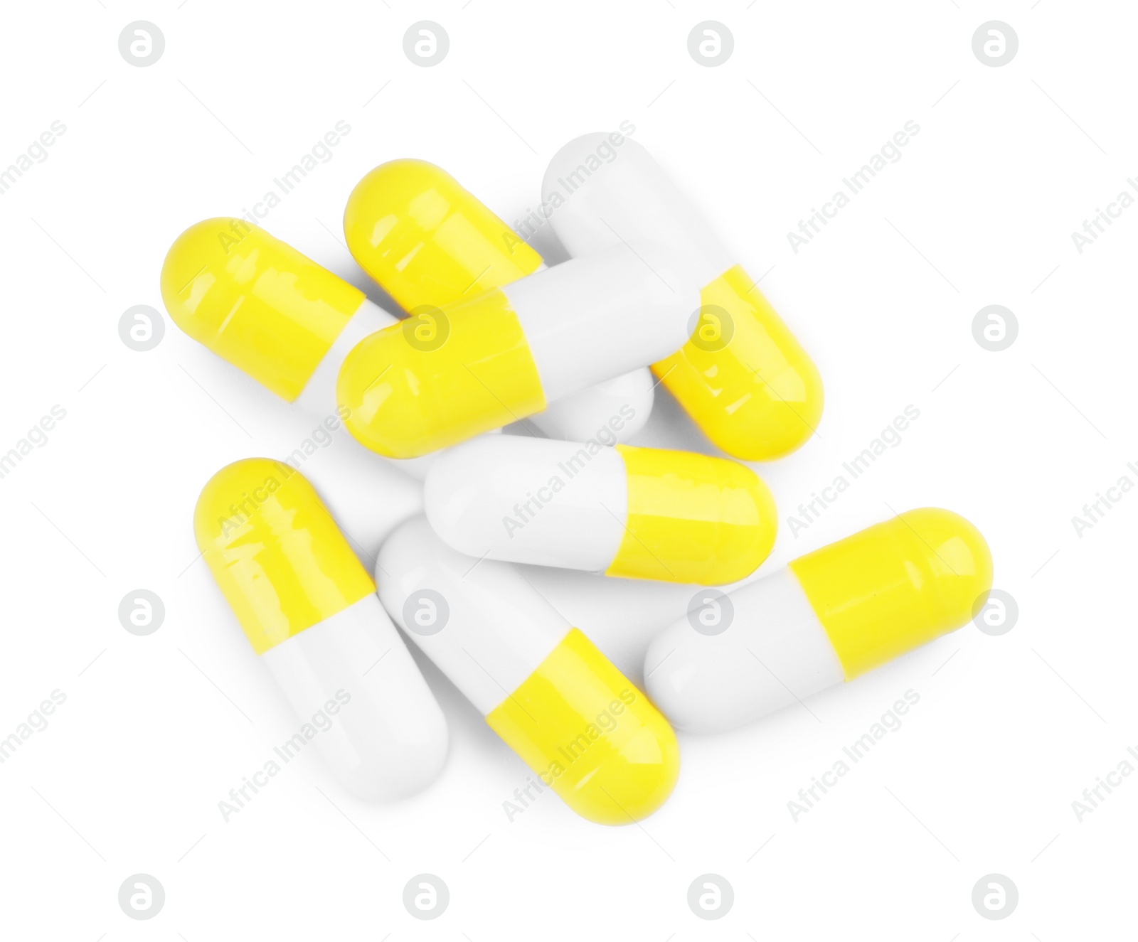 Photo of Many antibiotic pills isolated on white, top view