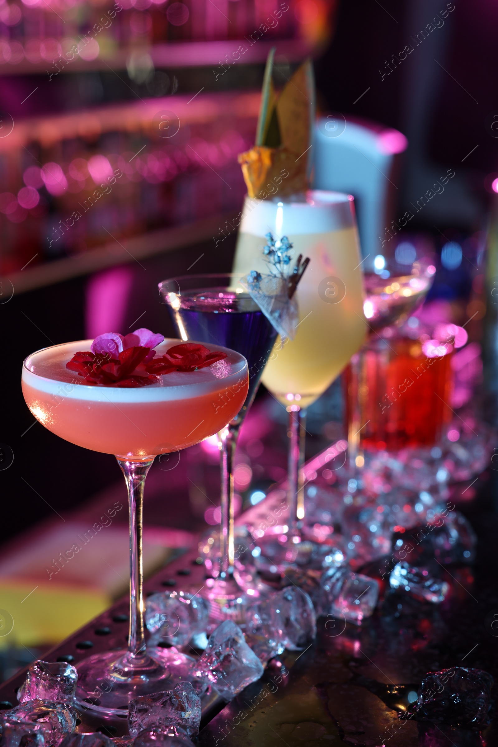 Photo of Different fresh alcoholic cocktails and ice cubes on counter in bar