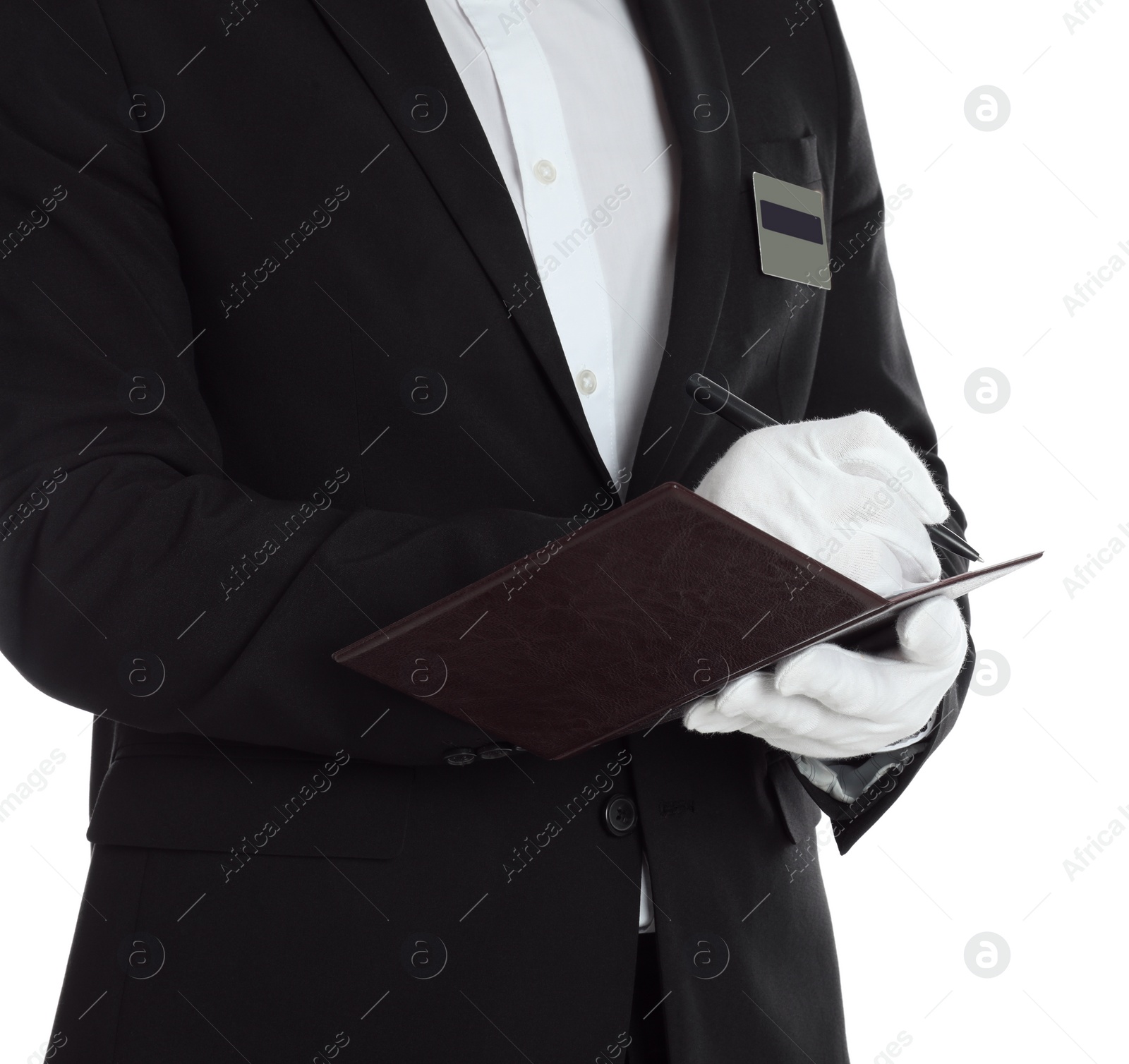 Photo of Waiter taking order on white background, closeup