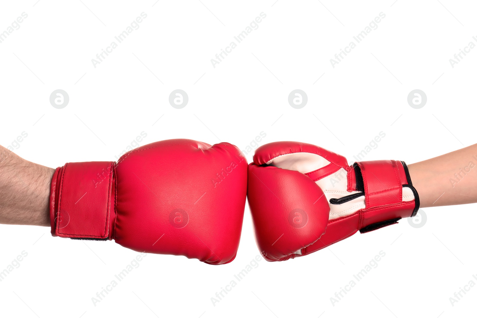 Photo of Men in boxing gloves on white background, closeup
