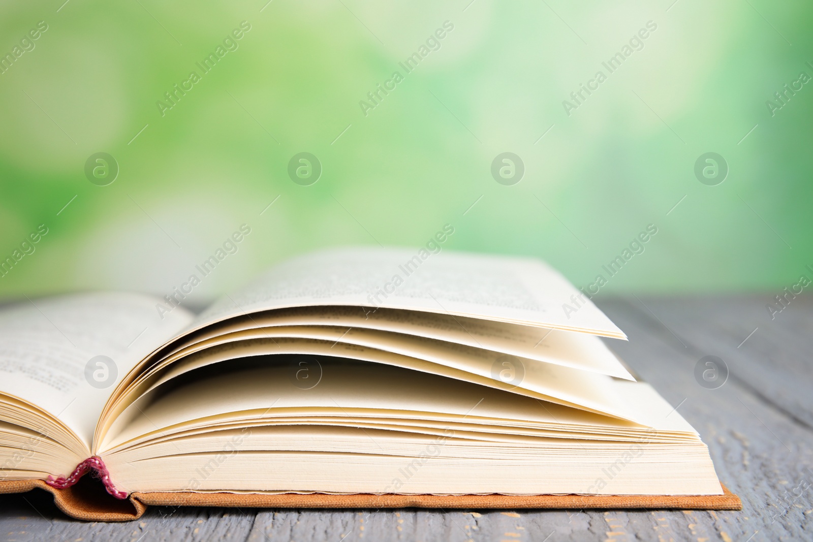 Photo of Open book on grey wooden table against blurred green background, closeup. Space for text