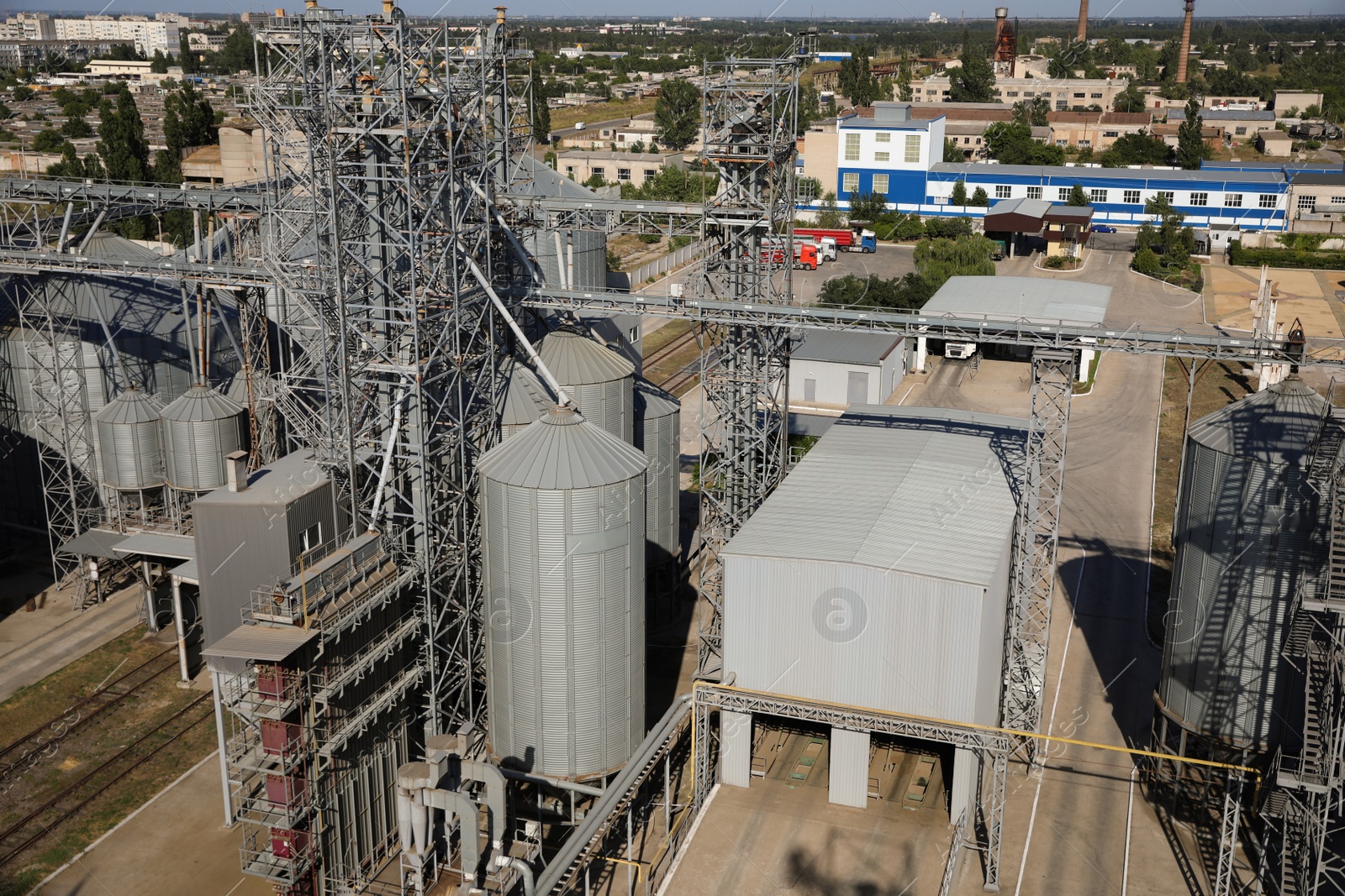 Photo of View of modern granaries for storing cereal grains outdoors