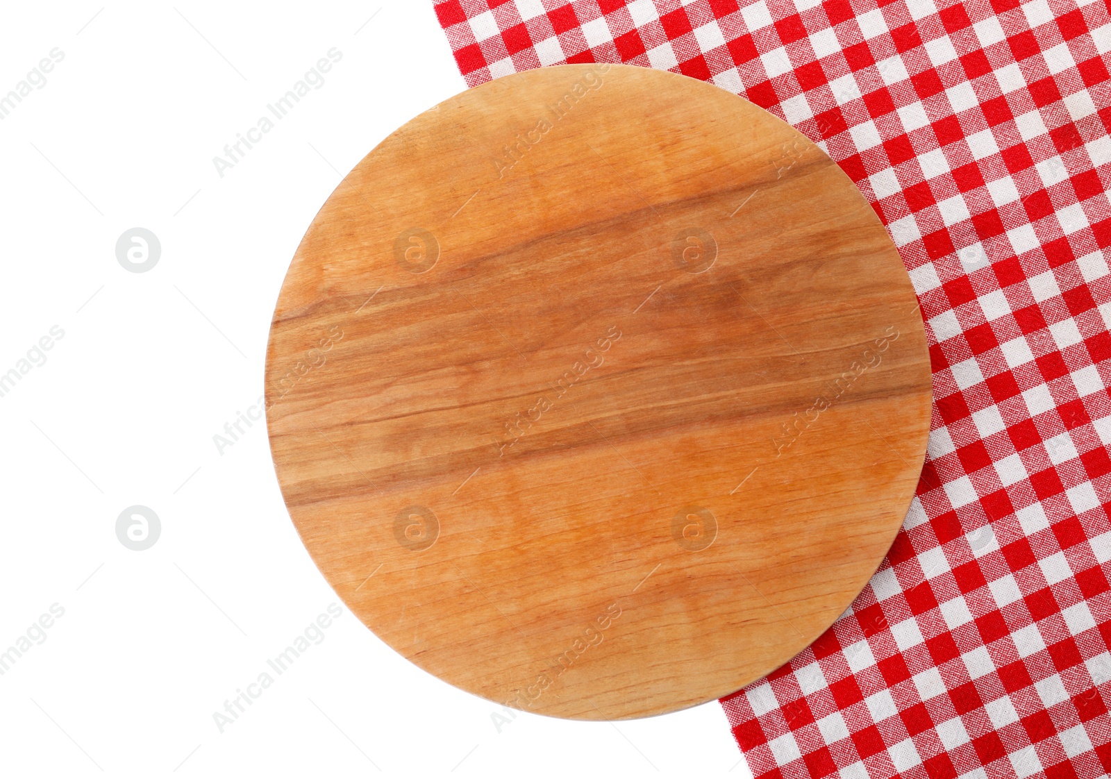 Photo of Fabric napkin with wooden board and space for text on white background, top view