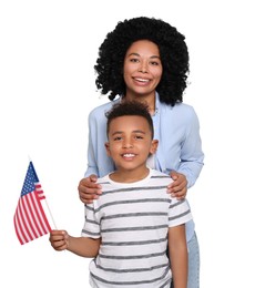 4th of July - Independence day of America. Happy woman and her son with national flag of United States on white background