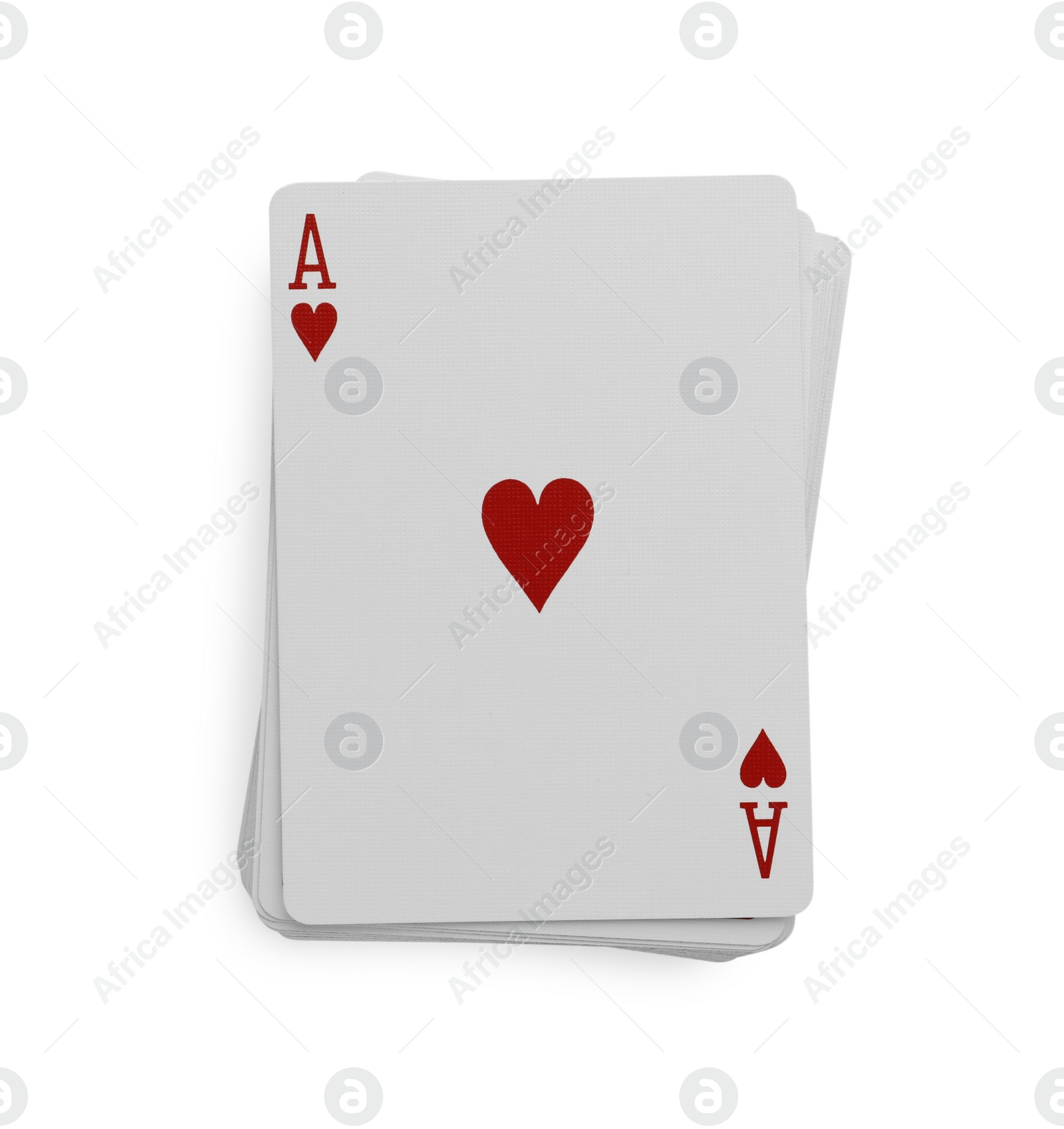 Photo of Deck of playing cards on white background, top view